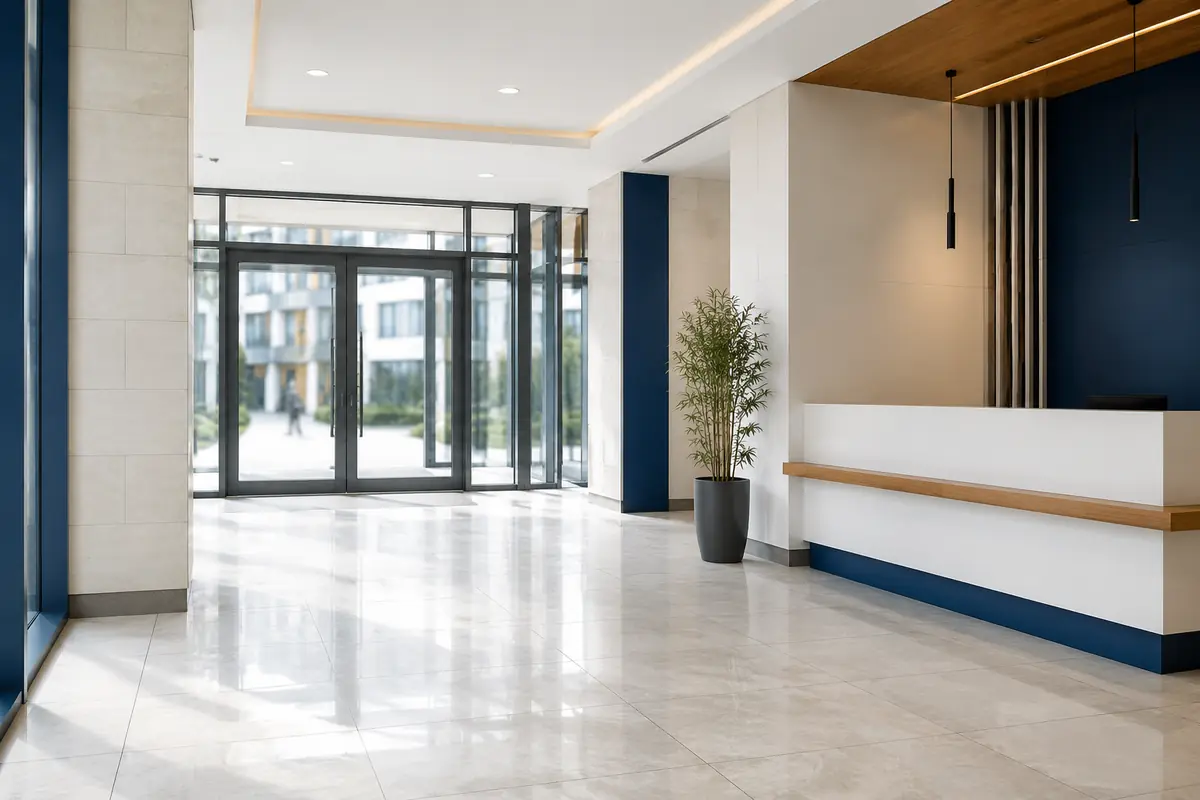 Sürekli Eğitim Sertifika ofis binası girişi ve resepsiyon alanı
