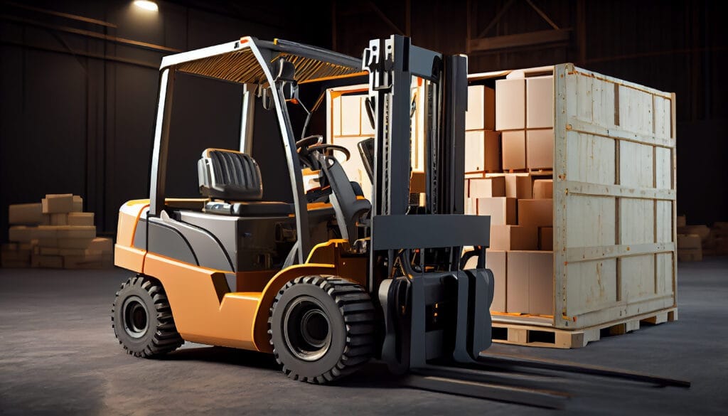 forklift transporting cargo container distribution warehouse generative ai Forklift Operatörlük Belgesi Nasıl Alınır