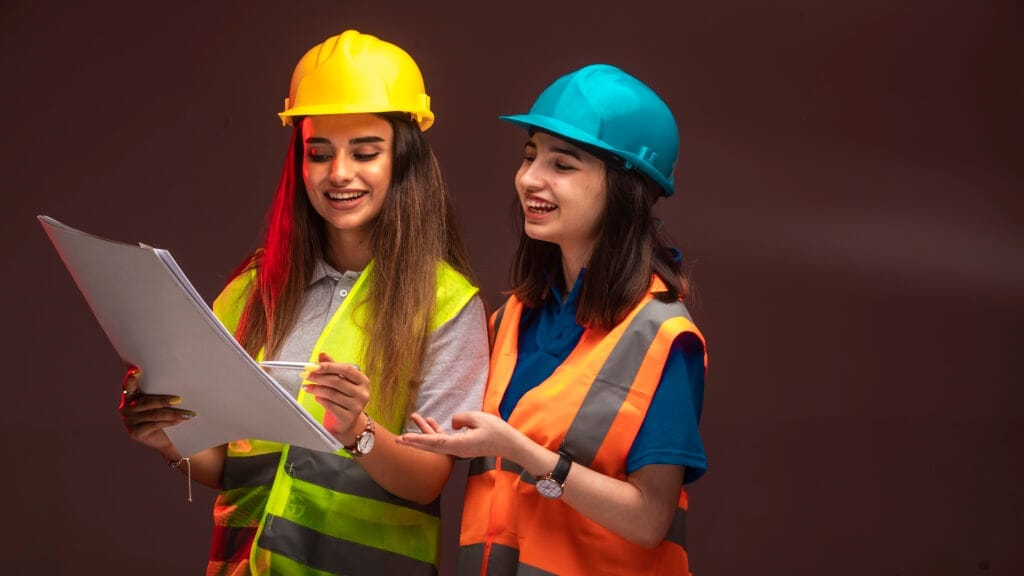female construction engineers working together discussing project plan İş Sağlığı ve Güvenliği Sertifikası Alma Şartları