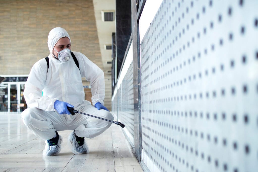 person white chemical protection suit doing disinfection public areas stop spreading highly contagious corona virus Hijyen ve Sanitasyon Belgesi Nasıl Alınır