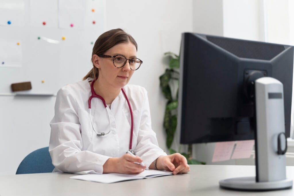 doctor teleconsulting patient computer Tıbbi Sekreterlik Sertifikası Nasıl Alınır?