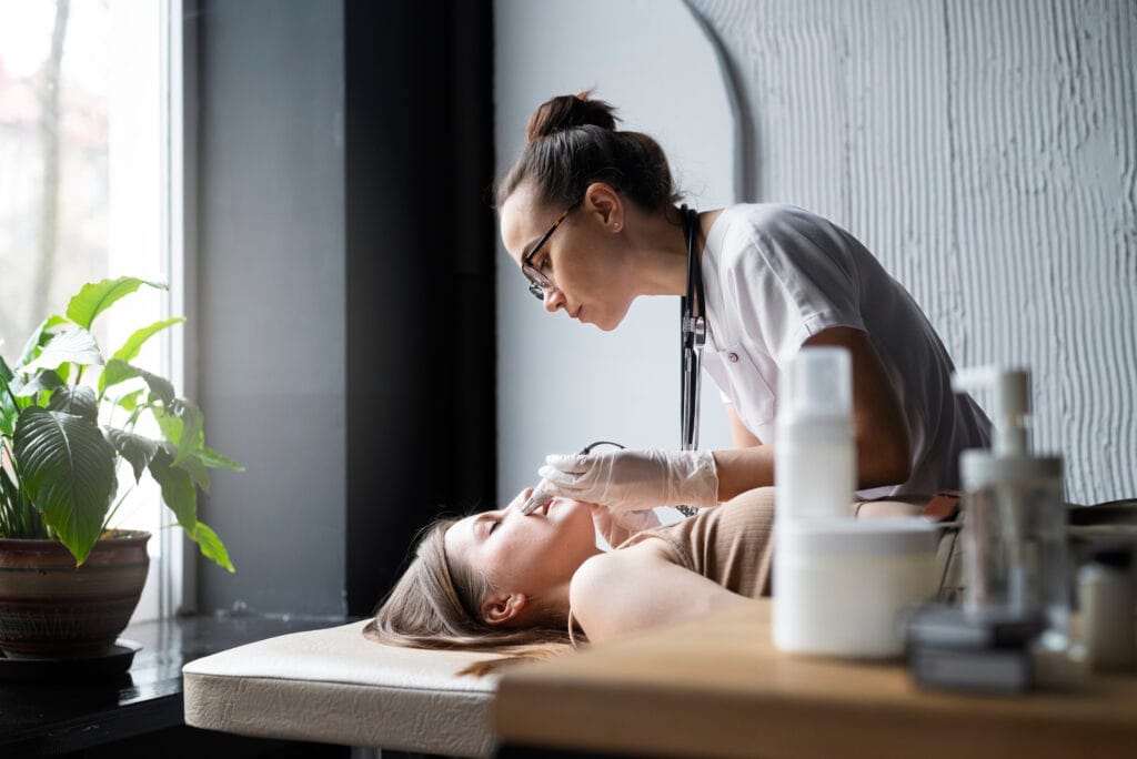 female doctor diagnosing melanoma body female patient Güzellik Uzmanlığı Eğitimi
